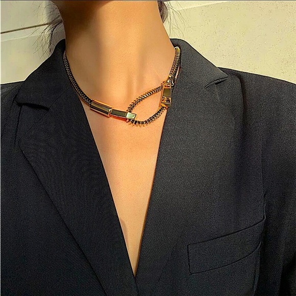Gold Zipper Up Punk Minimalist Versatile Choker Necklace - Picture 3 of 11